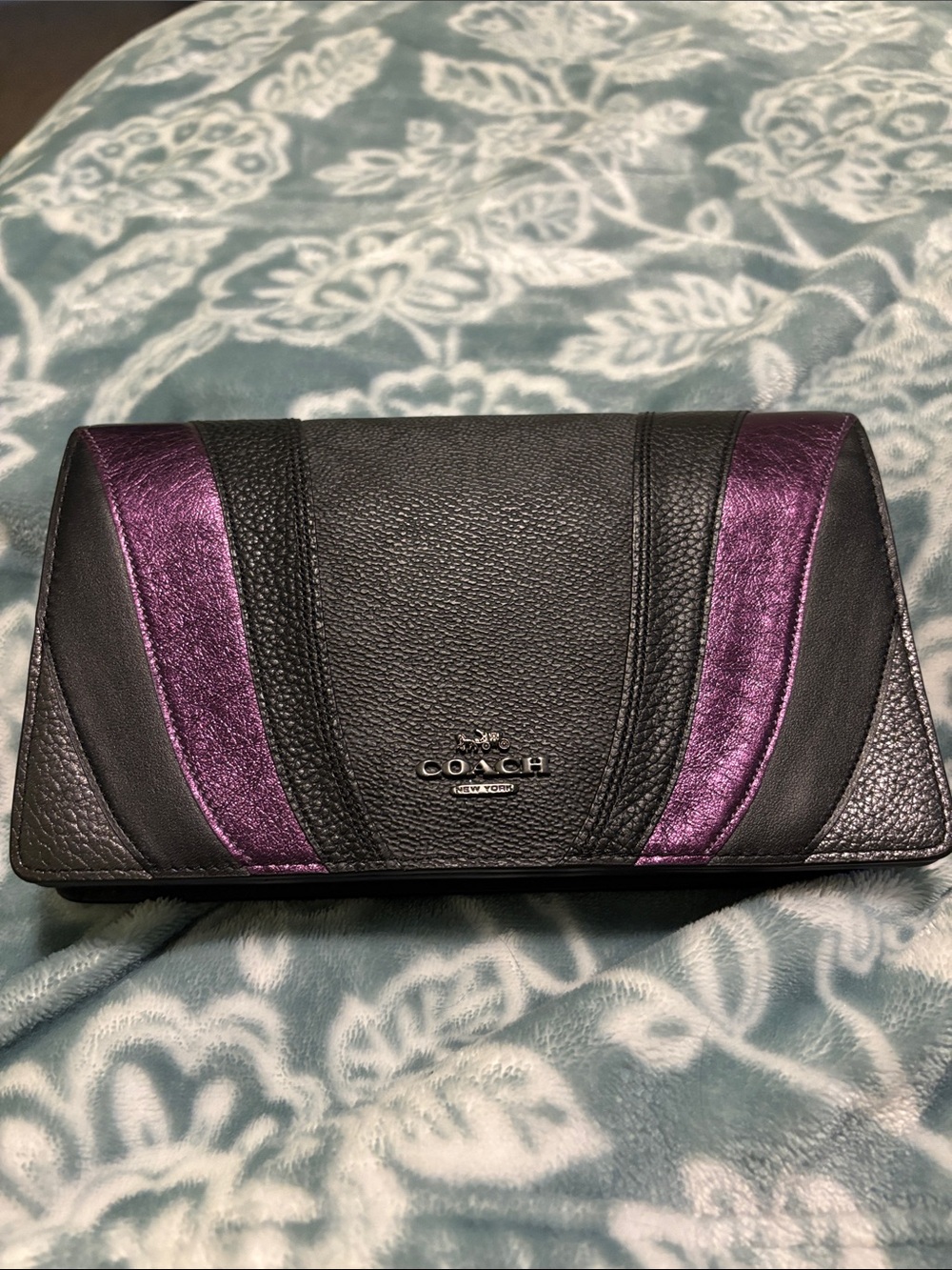 Coach Black Leather Clutch with Metallic Purple Panels